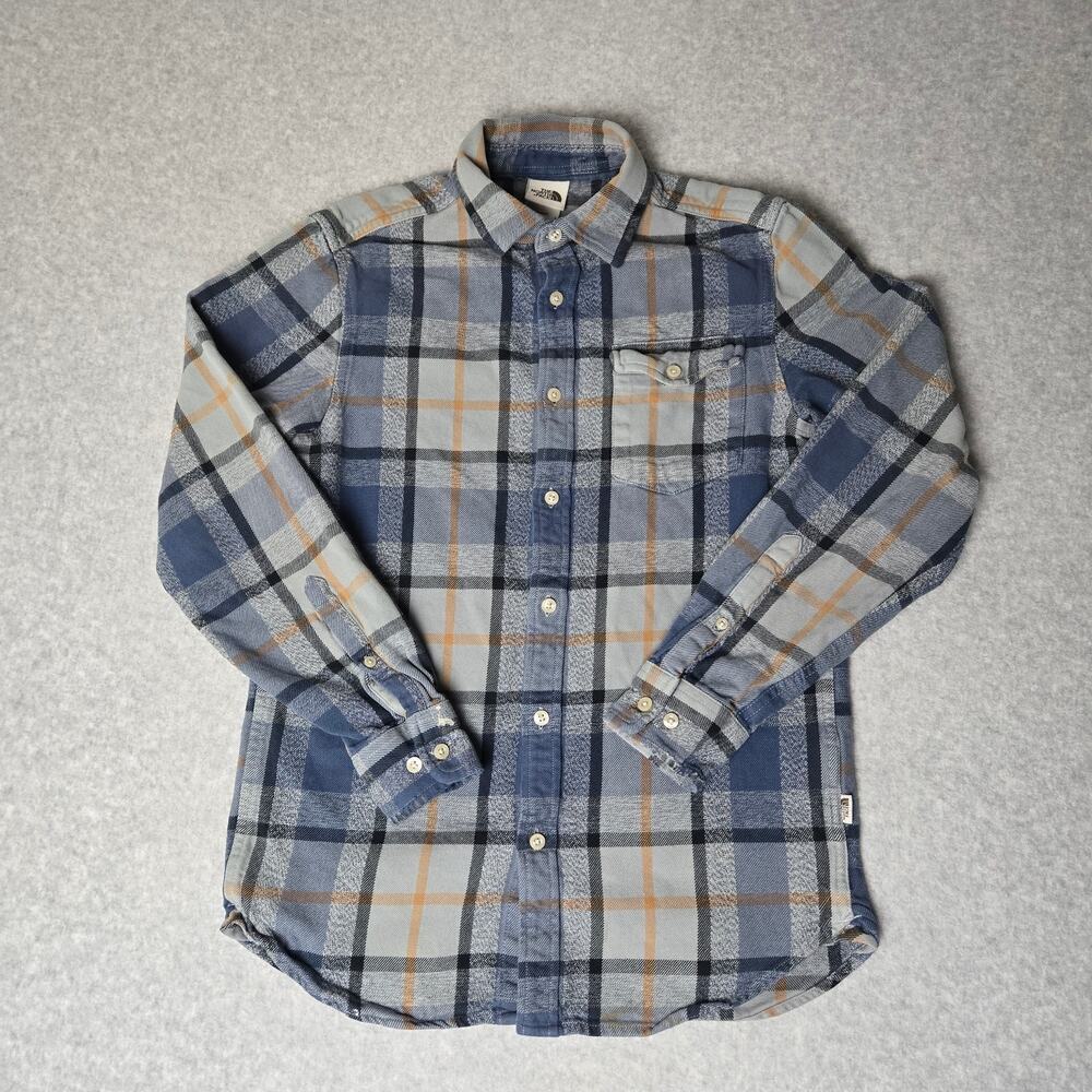 The North Face Men's Blue Gray Orange Plaid Cotton Flannel Button Down - Size S